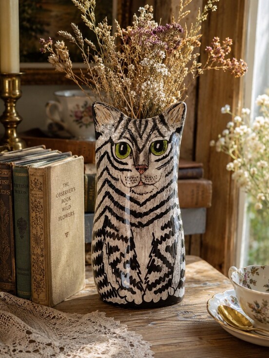 Cats by Nina Other - Cats by Nina Silver Tabby Cat Vase Nina Lyman 2001 Ceramic Art Vase